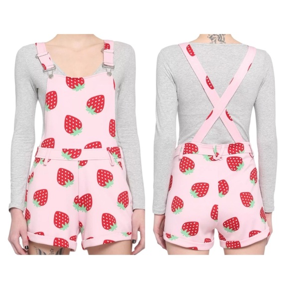 Hot Topic Strawberry Shortalls strawberry print scuba overalls size S - Picture 1 of 13